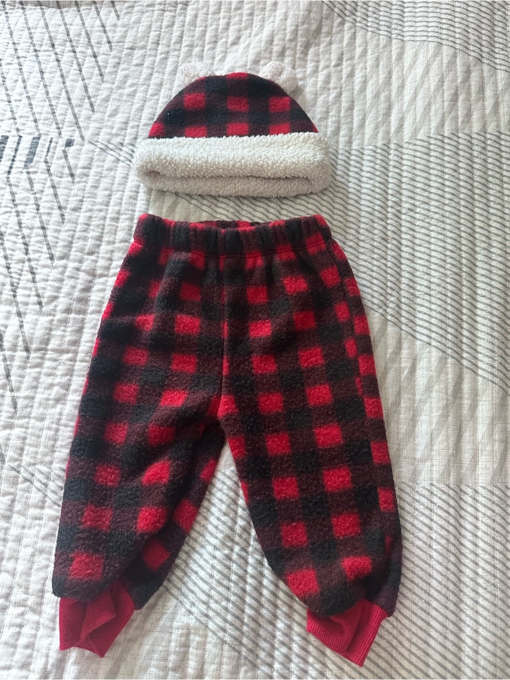Kids Red and Black Buffalo Plaid Sherpa Hat & Pants Set